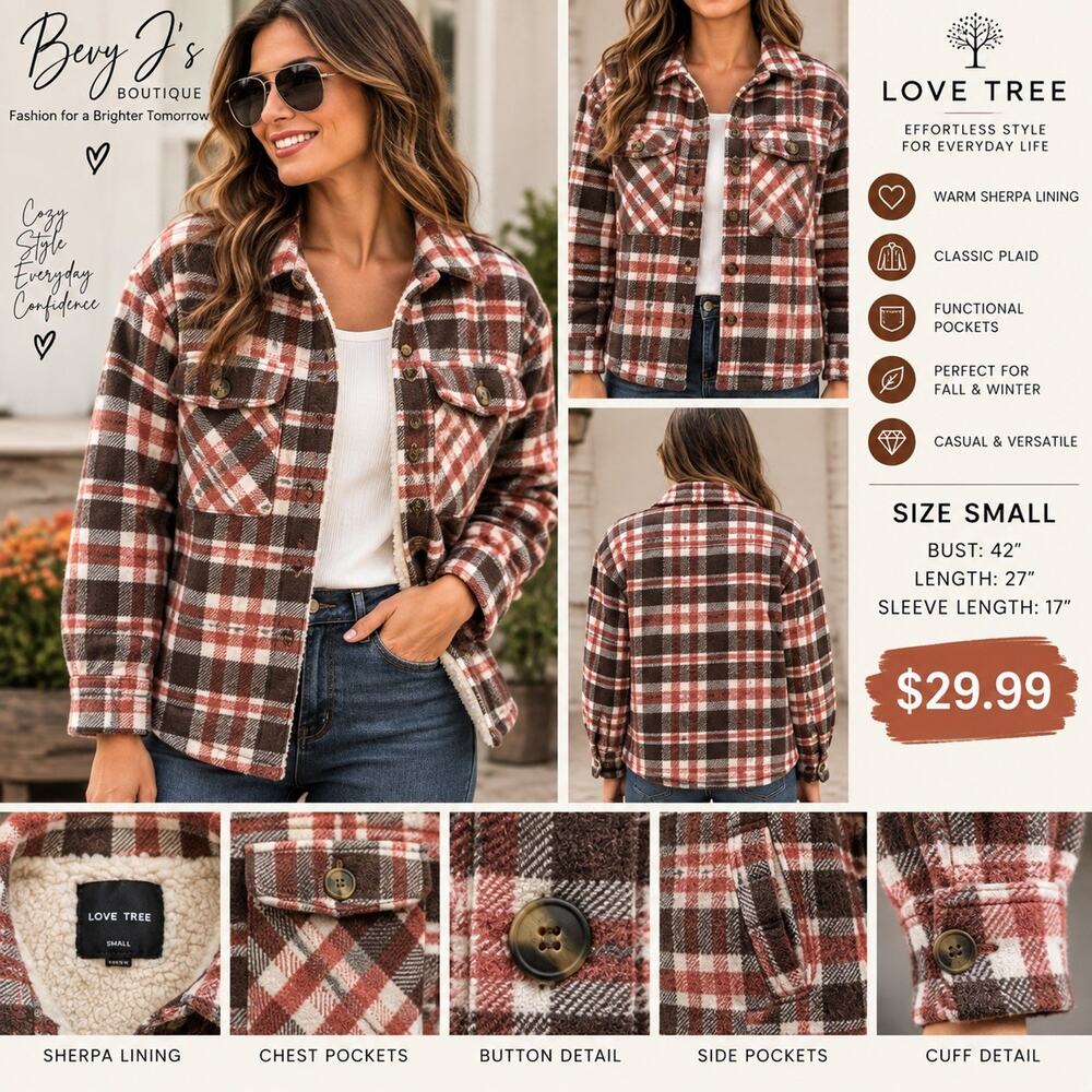 Love Tree Women’s Plaid Shacket Jacket S Button Front Lined Pockets Relaxed